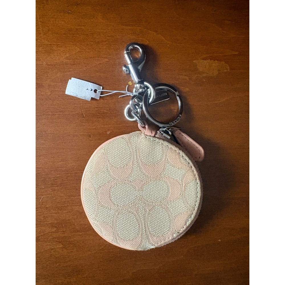 Coach Signature Canvas Round Coin Pouch Keychain Beige Pink Monogram Bag‎ Charm